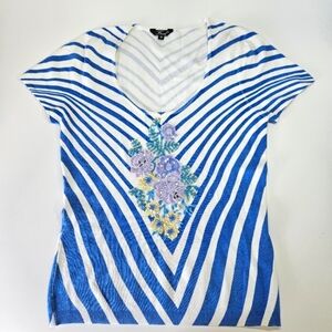 NEW VINTAGE FAUST Striped Floral Beaded Embellished Knit Top Medium Y2K